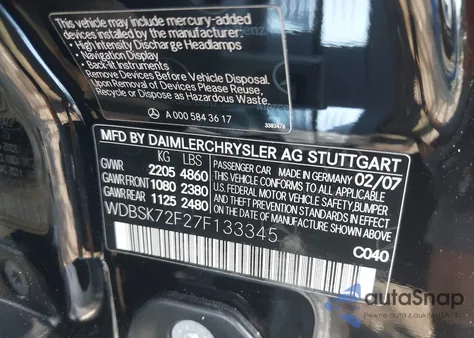 2007 Mercedes-Benz Sl 55 Amg z USA, uszkodzony, nr VIN WDBSK72F27F133345